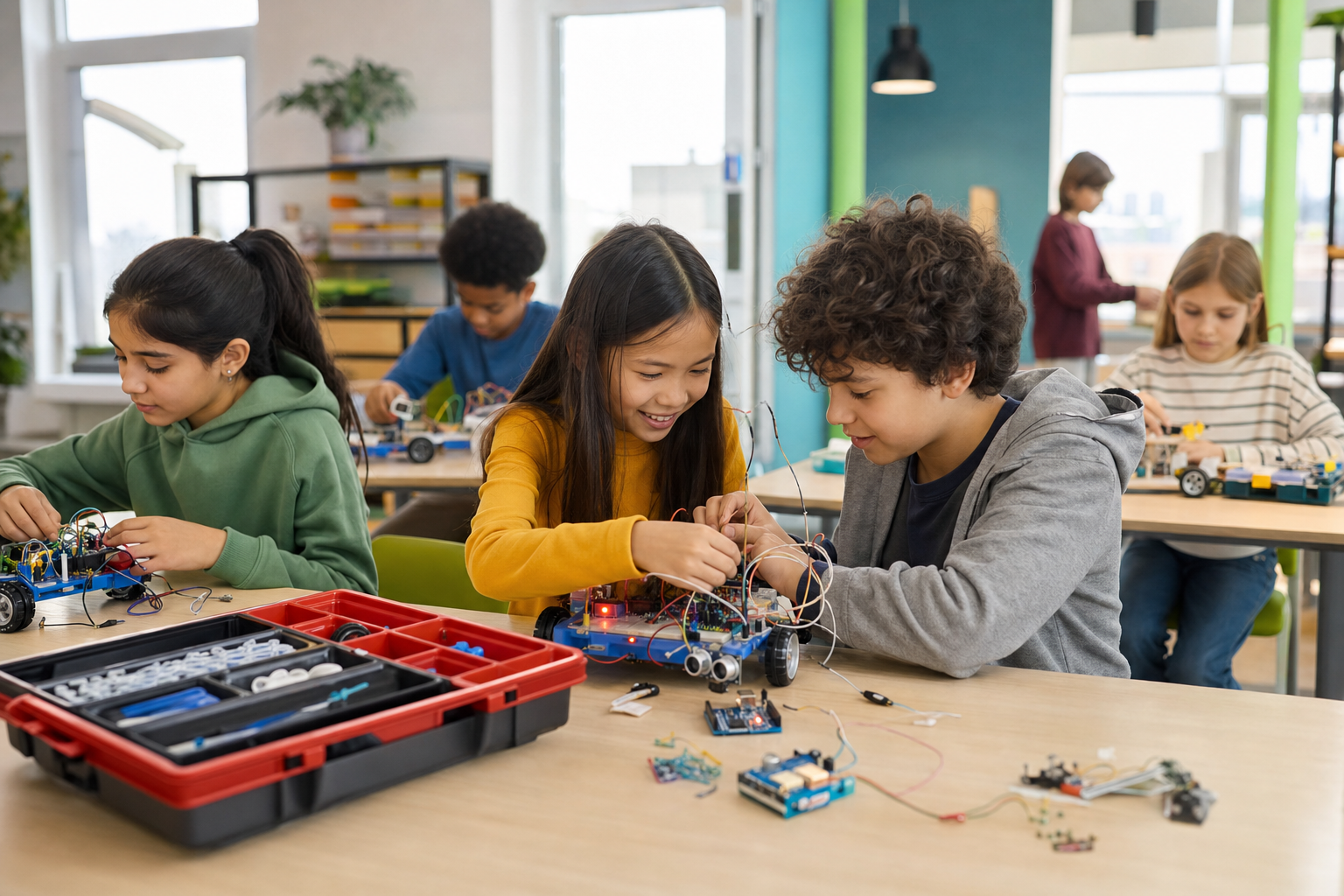 Niños construyendo robots en Profesor Labs